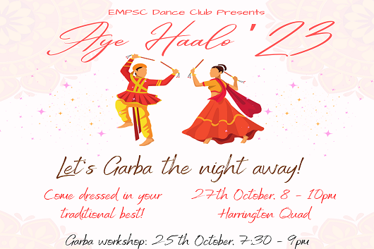 Flyer promoting the Garba dancing event on Friday October 27 at 8:00 pm.